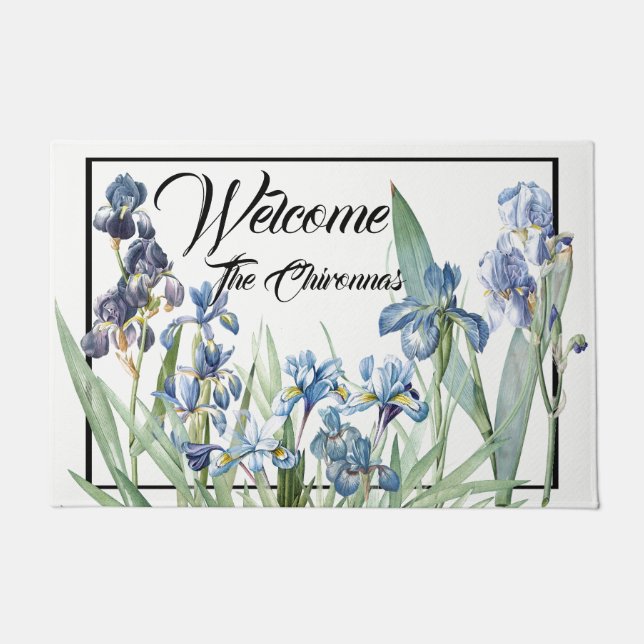 Blue Iris Flower Garden Welcome Doormat (Front)