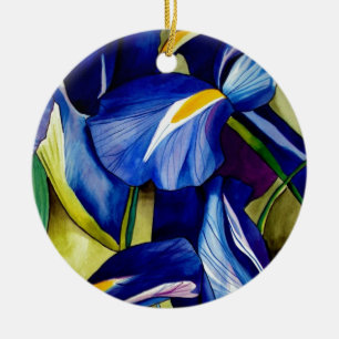 Blue Iris flower original watercolor art painting Ceramic Tree Decoration