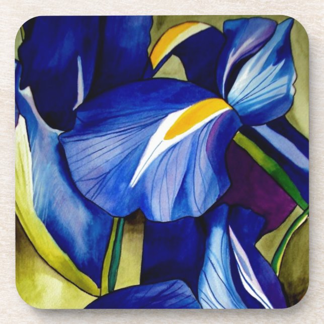 Blue Iris flower original watercolor art painting Coaster (Front)
