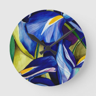 Blue Iris flower original watercolor art painting Round Clock