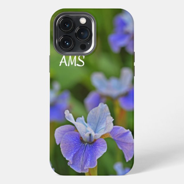 Blue Iris Flower Portrait Personalised Initials  iPhone Case (Back)