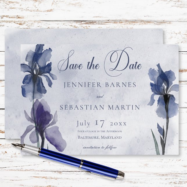 Blue Iris Flowers Blue Modern Wedding Save The Date (Blue Iris Flowers Blue Modern Wedding Save The Date)