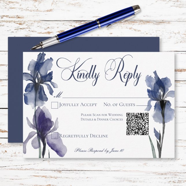 Blue Iris Flowers Modern Wedding QR Code RSVP Card (Blue Iris Flowers Modern Wedding QR Code RSVP Card)