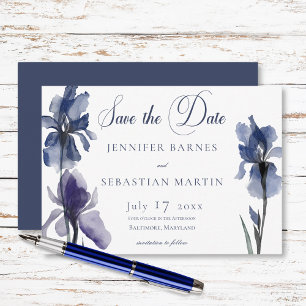 Blue Iris Flowers Modern Wedding Save The Date