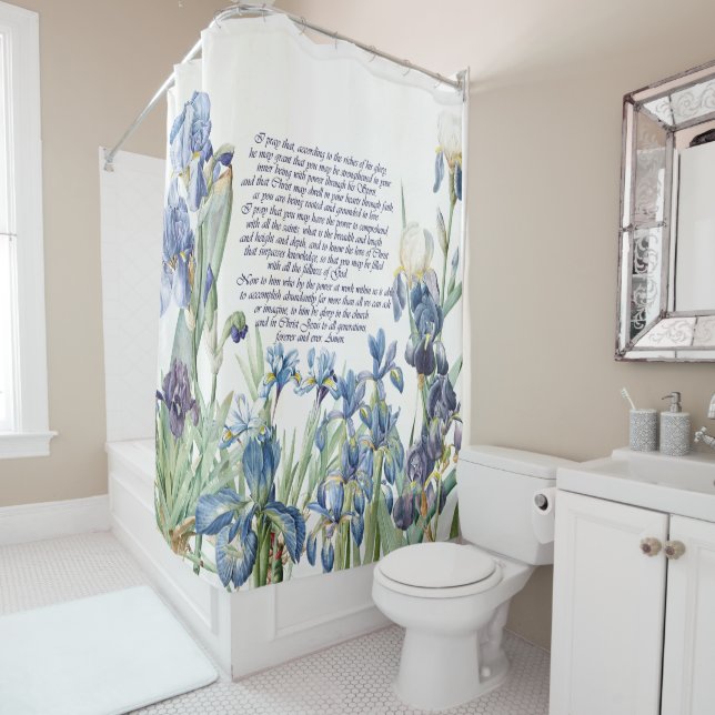 Blue Iris Flowers Prayer Floral Shower Curtain (In Situ)