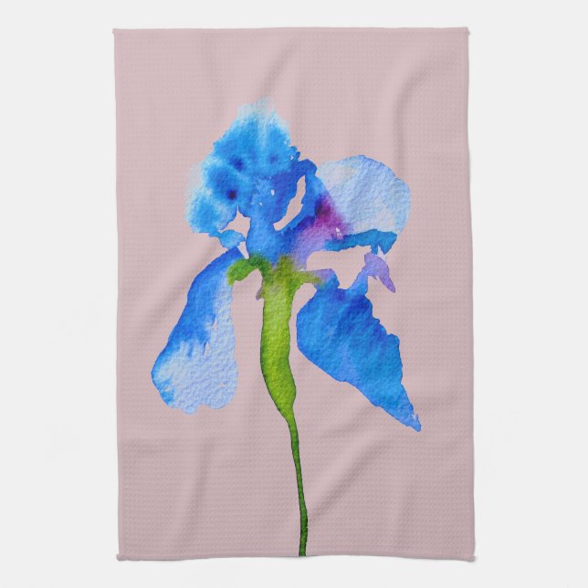 Blue Iris modern floral watercolour art Tea Towel (Vertical)