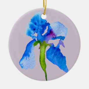 Blue Iris modern watercolor floral art Ceramic Tree Decoration