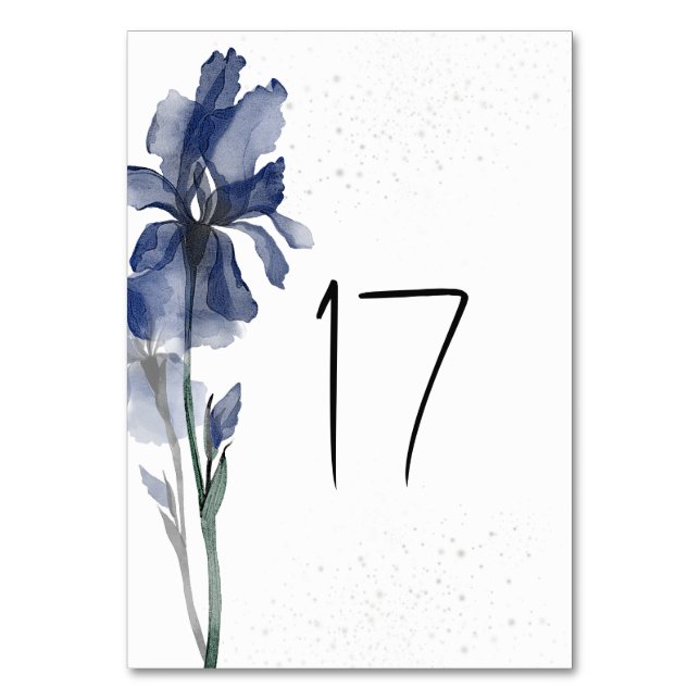 Blue Iris Simple Floral Watercolor Wedding Table Number (Front)
