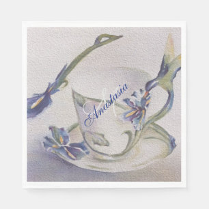 BLUE IRIS TEACUP MONOGRAM PARTY NAPKIN
