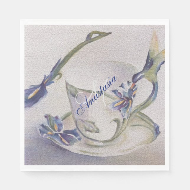BLUE IRIS TEACUP MONOGRAM PARTY NAPKIN (Front)