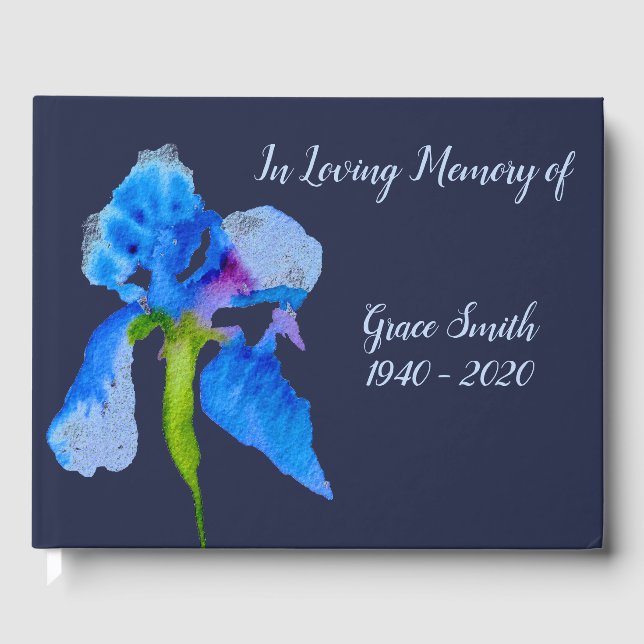 Blue Iris watercolor art funeral memory Guest Book (Front)