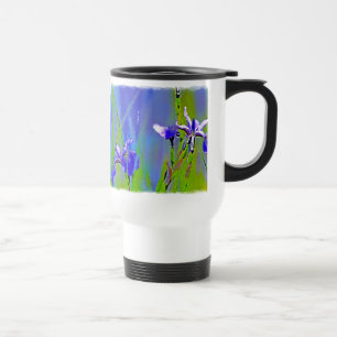 Blue Iris Watercolor Floral Art Travel Mug