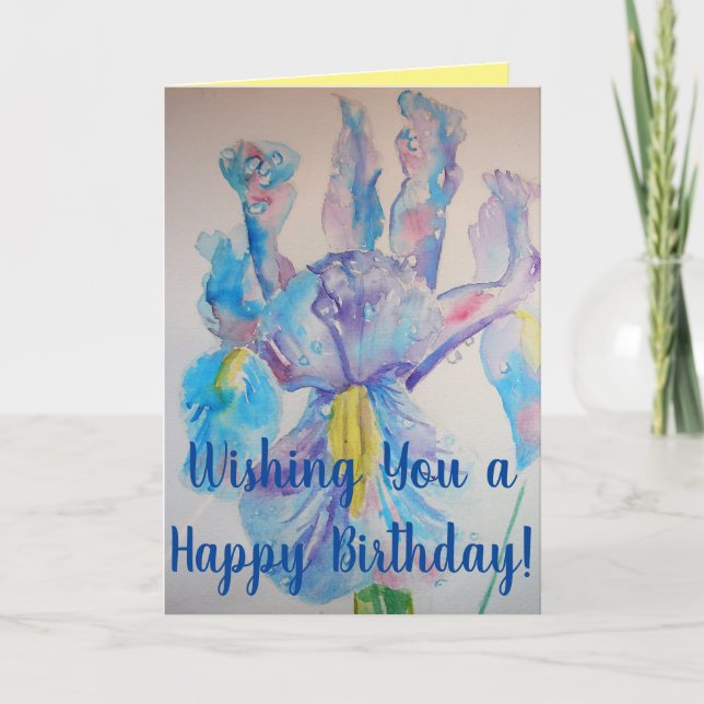 Blue Iris Watercolor floral flowers Birthday Card (Front)