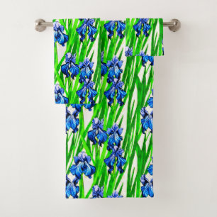 Blue Iris Watercolor Pattern Bath Towel Set