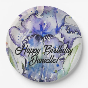 Blue Iris Watercolour Happy Birthday Balloon Paper Plate