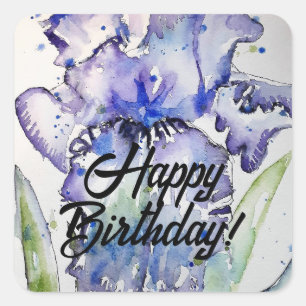 Blue Iris Watercolour Happy Birthday Balloon Square Sticker