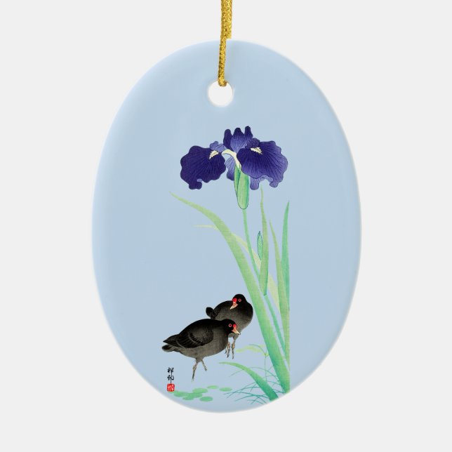 Blue Irises and Moorhens by Ohara Koson Ceramic Tree Decoration (Front)