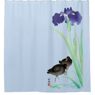Blue Irises and Moorhens by Ohara Koson Shower Curtain