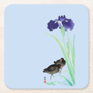 Blue Irises and Moorhens by Ohara Koson Square Paper Coaster