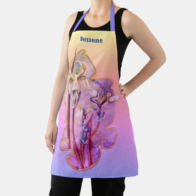 Blue Irises Floral Art Distressed Personalised Apron (Insitu)