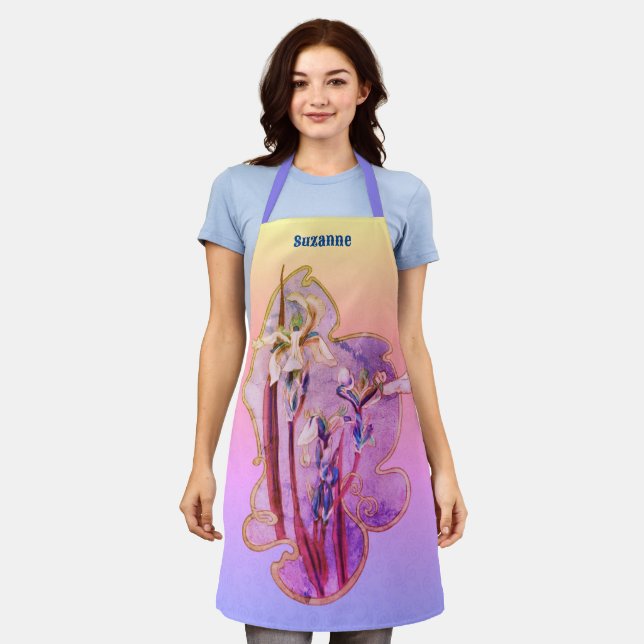 Blue Irises Floral Art Distressed Personalised Apron (Worn)