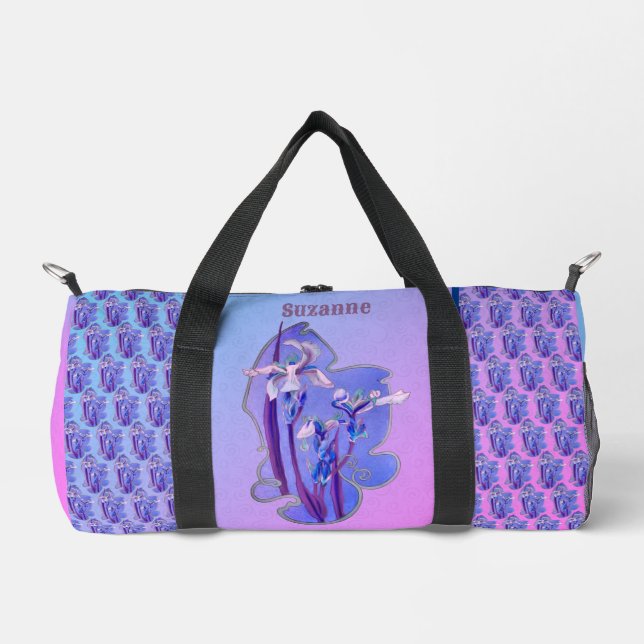 Blue Irises Floral Art Personalised Duffle Bag (Front)