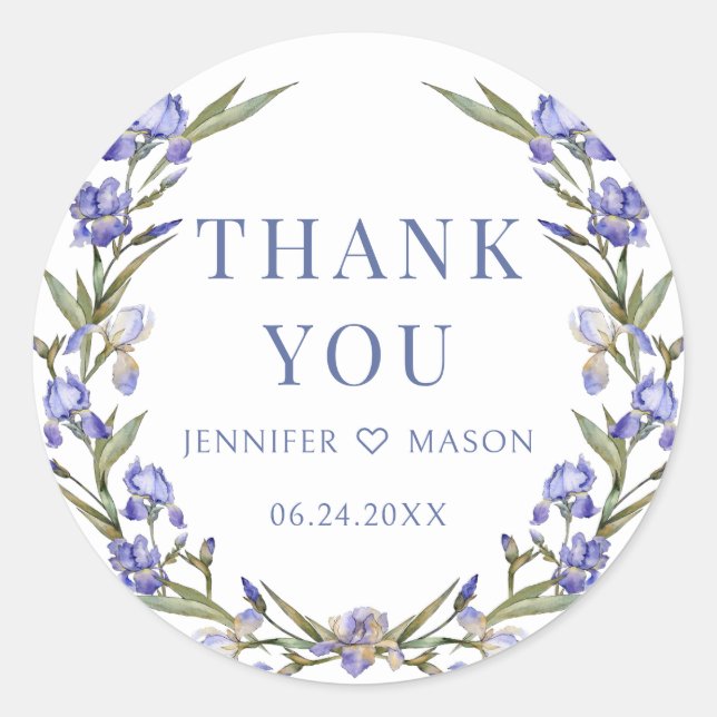 Blue irises purple flower boho wedding thank you classic round sticker (Front)