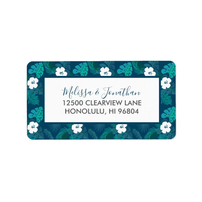 Blue Island Hibiscus Floral Beach Luau Wedding Label (Front)