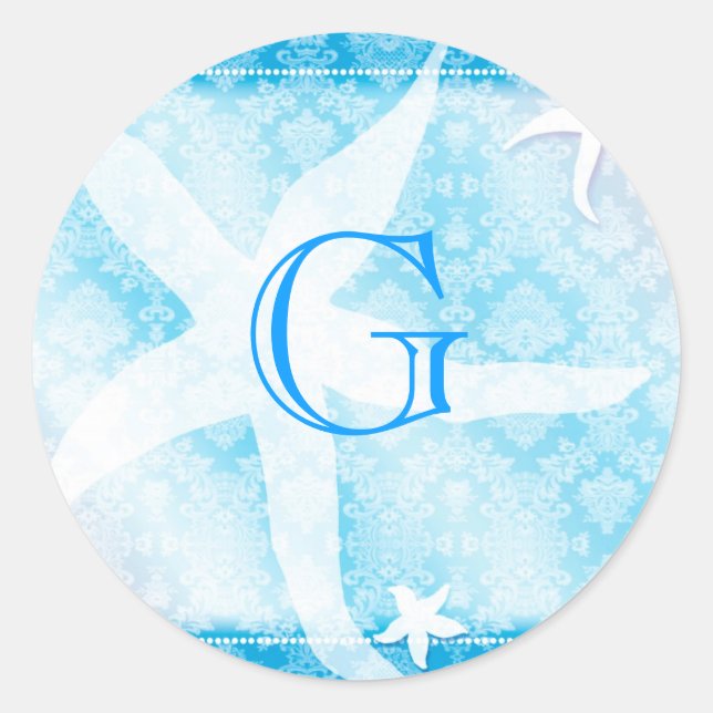 Blue Island Starfish Wedding Monogram Classic Round Sticker (Front)