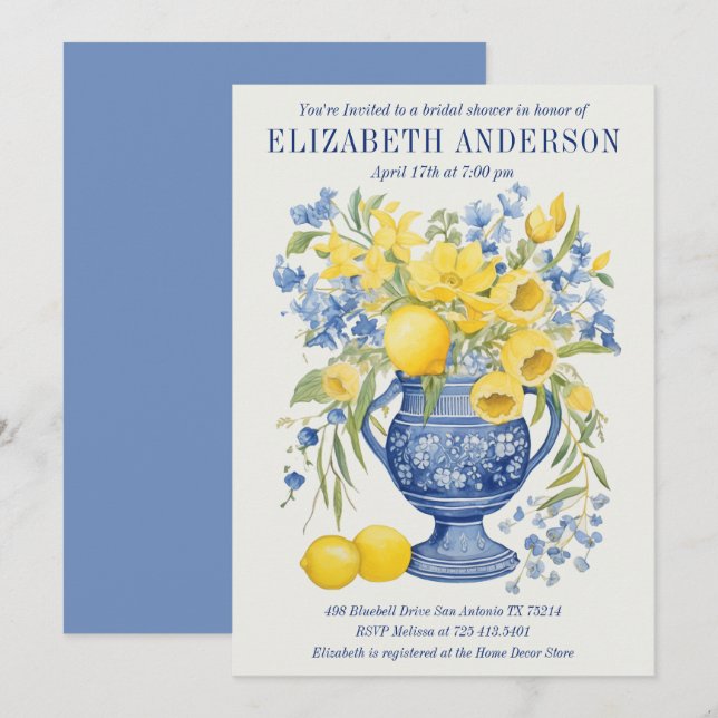 Blue Italian Floral Lemon Bridal Shower Invitation (Front/Back)