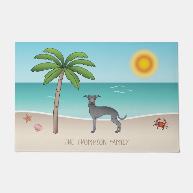Blue Italian Greyhound At Tropical Summer Beach Doormat (Front)
