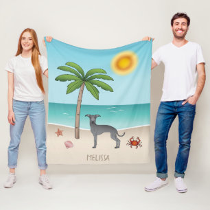 Blue Italian Greyhound At Tropical Summer Beach Fleece Blanket