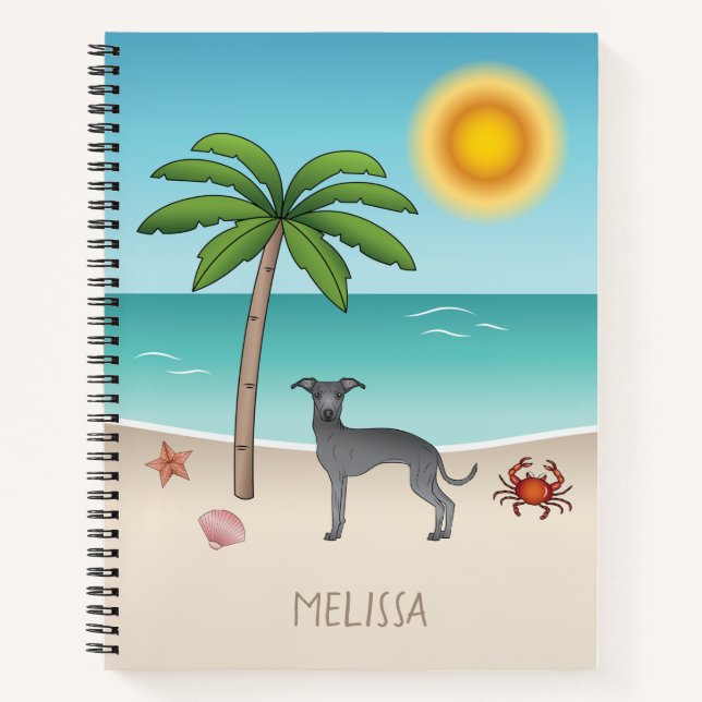 Blue Italian Greyhound At Tropical Summer Beach Notebook (Front)