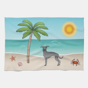 Blue Italian Greyhound At Tropical Summer Beach Tea Towel