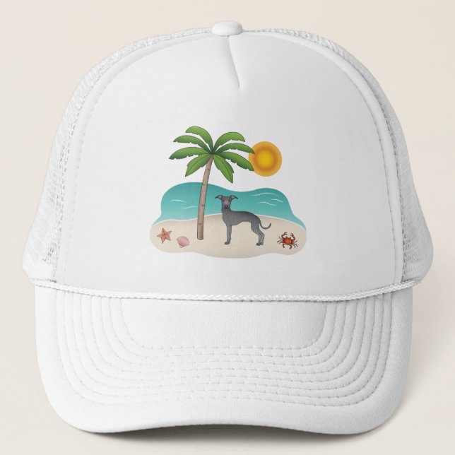 Blue Italian Greyhound At Tropical Summer Beach Trucker Hat (Front)