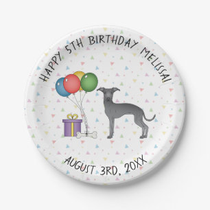Blue Italian Greyhound Cute Cartoon Dog Birthday Paper Plate