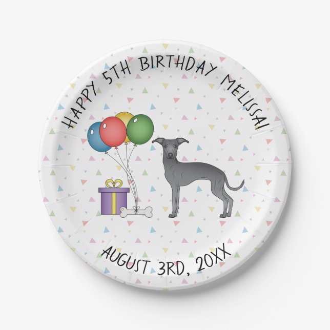 Blue Italian Greyhound Cute Cartoon Dog Birthday Paper Plate (Front)