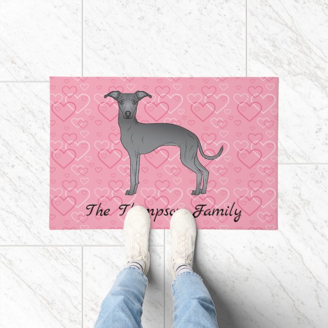 Blue Italian Greyhound Cute Dog On Pink Hearts Doormat (Indoor)