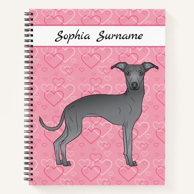 Blue Italian Greyhound Cute Dog On Pink Hearts Notebook (Front)