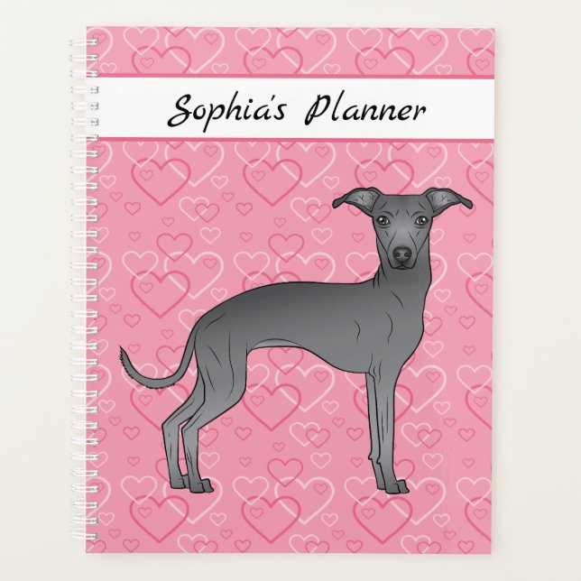Blue Italian Greyhound Cute Dog On Pink Hearts Planner (Front)