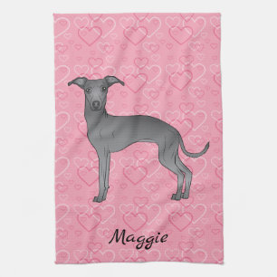 Blue Italian Greyhound Cute Dog On Pink Hearts Tea Towel