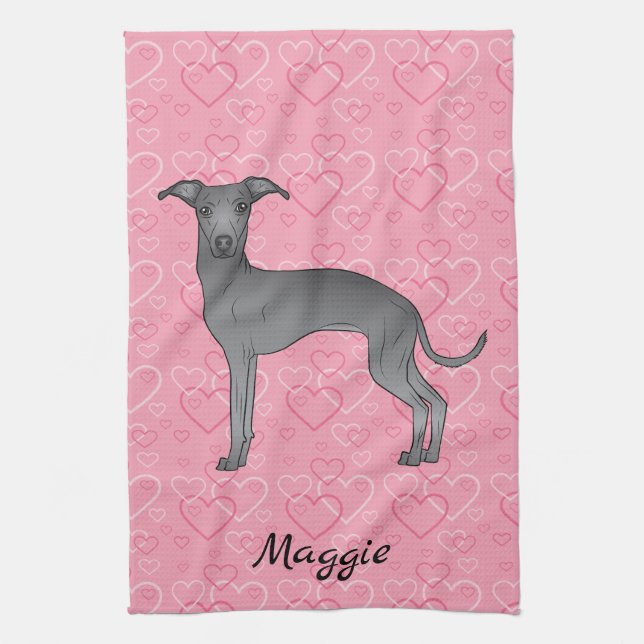Blue Italian Greyhound Cute Dog On Pink Hearts Tea Towel (Vertical)