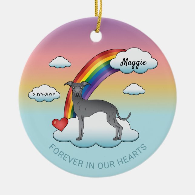 Blue Italian Greyhound Cute Dog Rainbow Memorial Ceramic Tree Decoration (Front)