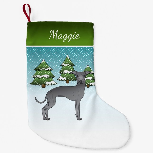 Blue Italian Greyhound Dog In A Winter Forest Small Christmas Stocking (Front)