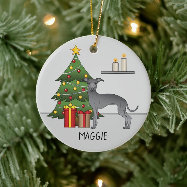 Blue Italian Greyhound Dog With A Christmas Tree Ceramic Tree Decoration (Tree)