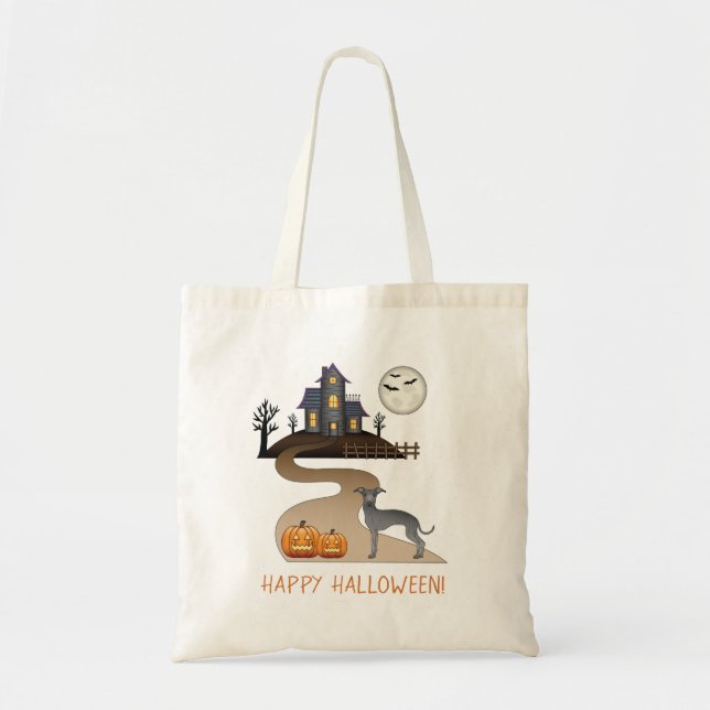 Blue Italian Greyhound & Halloween Haunted House Tote Bag (Front)