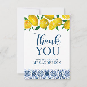 Blue Italian Tile Lemon Bridal Shower Thank You