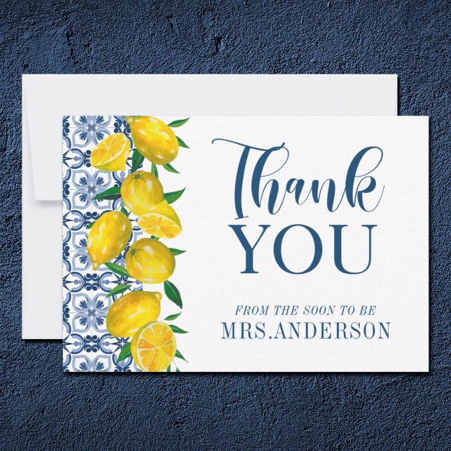 Blue Italian Tile Lemon Bridal Shower Thank You Card (Creator Uploaded)