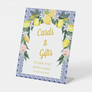 Blue Italian Tiles Lemon Bridal Shower Cards Gifts Pedestal Sign