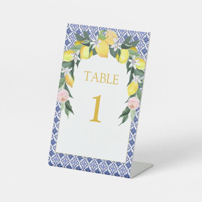 Blue Italian Tiles Lemon Bridal Shower Table Top  Pedestal Sign (Front)
